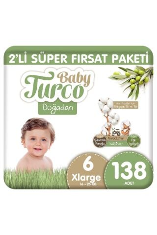 Baby Turco Doğadan 2'li Süper Fırsat Paketi Bebek Bezi 6 Numara Xlarge 138 Adet