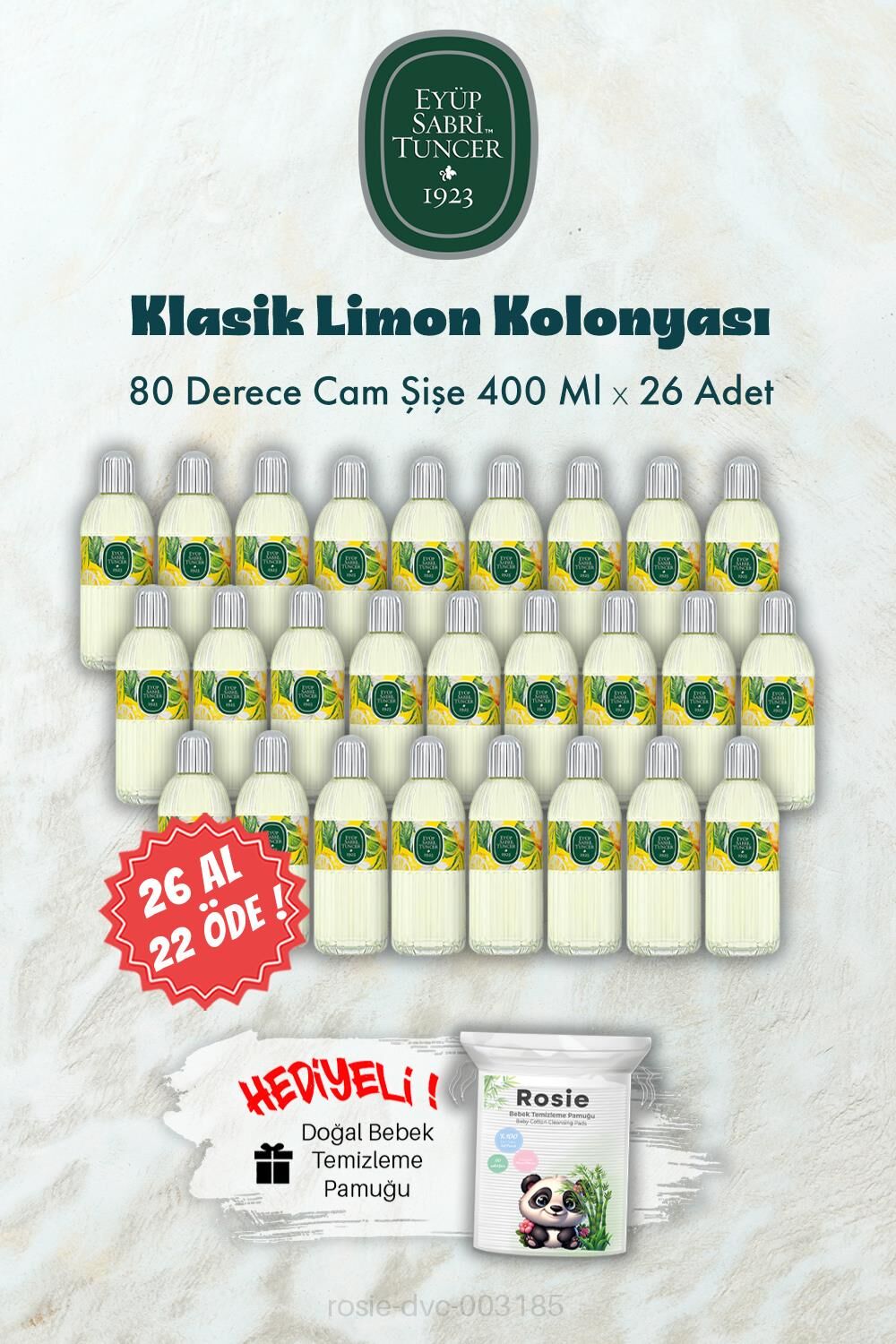 26 AL 22 ÖDE 400 ML Cam Şişe 80 Derece Klasik Limon Kolonyası ve ROSIE Hediye