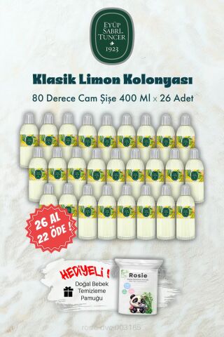 26 AL 22 ÖDE 400 ML Cam Şişe 80 Derece Klasik Limon Kolonyası ve ROSIE Hediye
