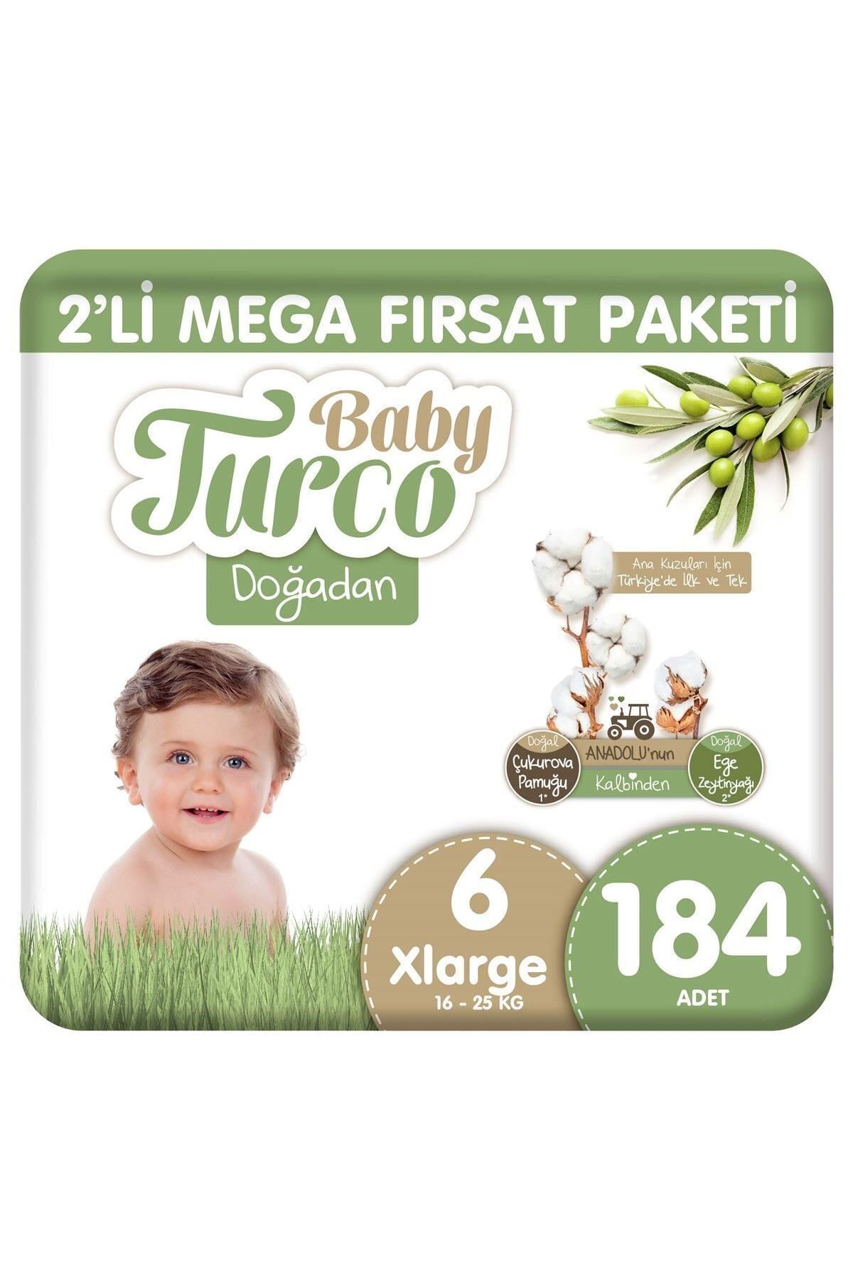Baby Turco Doğadan 2'li Mega Fırsat Paketi Bebek Bezi 6 Numara Xlarge 184 Adet