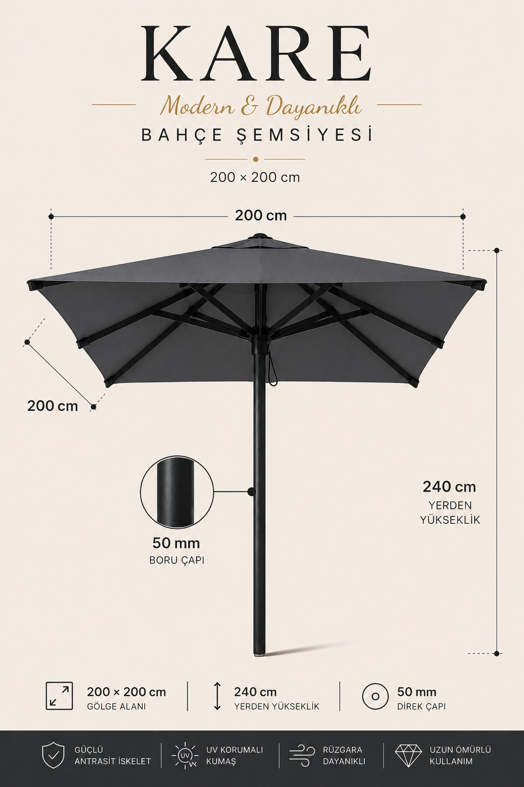 Alubrella Kare Antrasit 200x200 cm, 8 telli Güneş Şemsiyesi