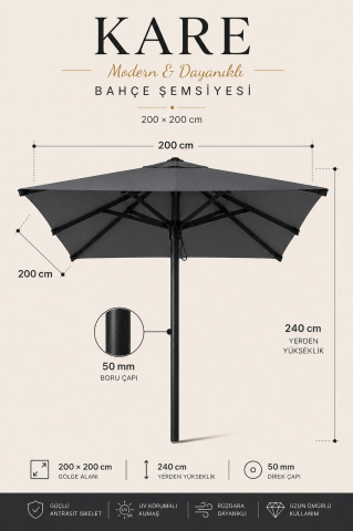 Alubrella Kare Antrasit 200x200 cm, 8 telli Güneş Şemsiyesi