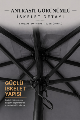 Alubrella Kare Antrasit 200x200 cm, 8 telli Güneş Şemsiyesi