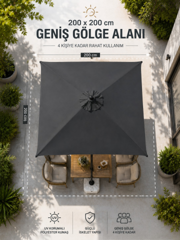 Alubrella Kare Antrasit 200x200 cm, 8 telli Güneş Şemsiyesi