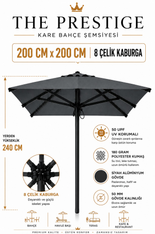 Alubrella Kare Antrasit 200x200 cm, 8 telli Güneş Şemsiyesi