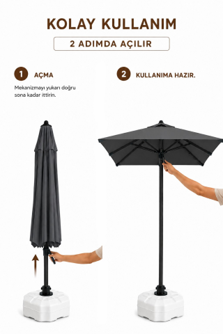 Alubrella Kare Antrasit 200x200 cm, 8 telli Güneş Şemsiyesi