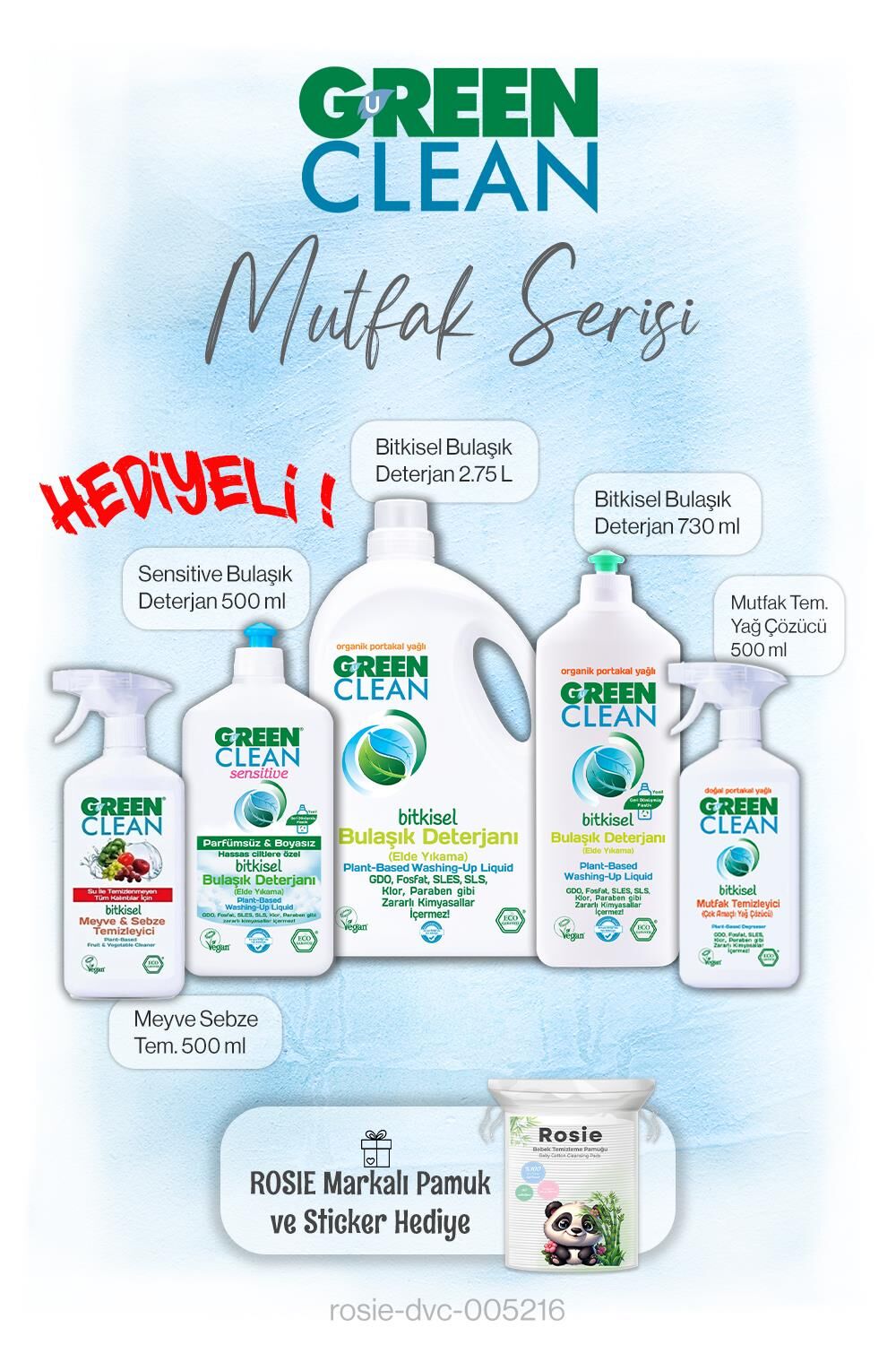 Green Clean Mutfak Temizlik Serisi 5'li ve Rosie pamuk hediye