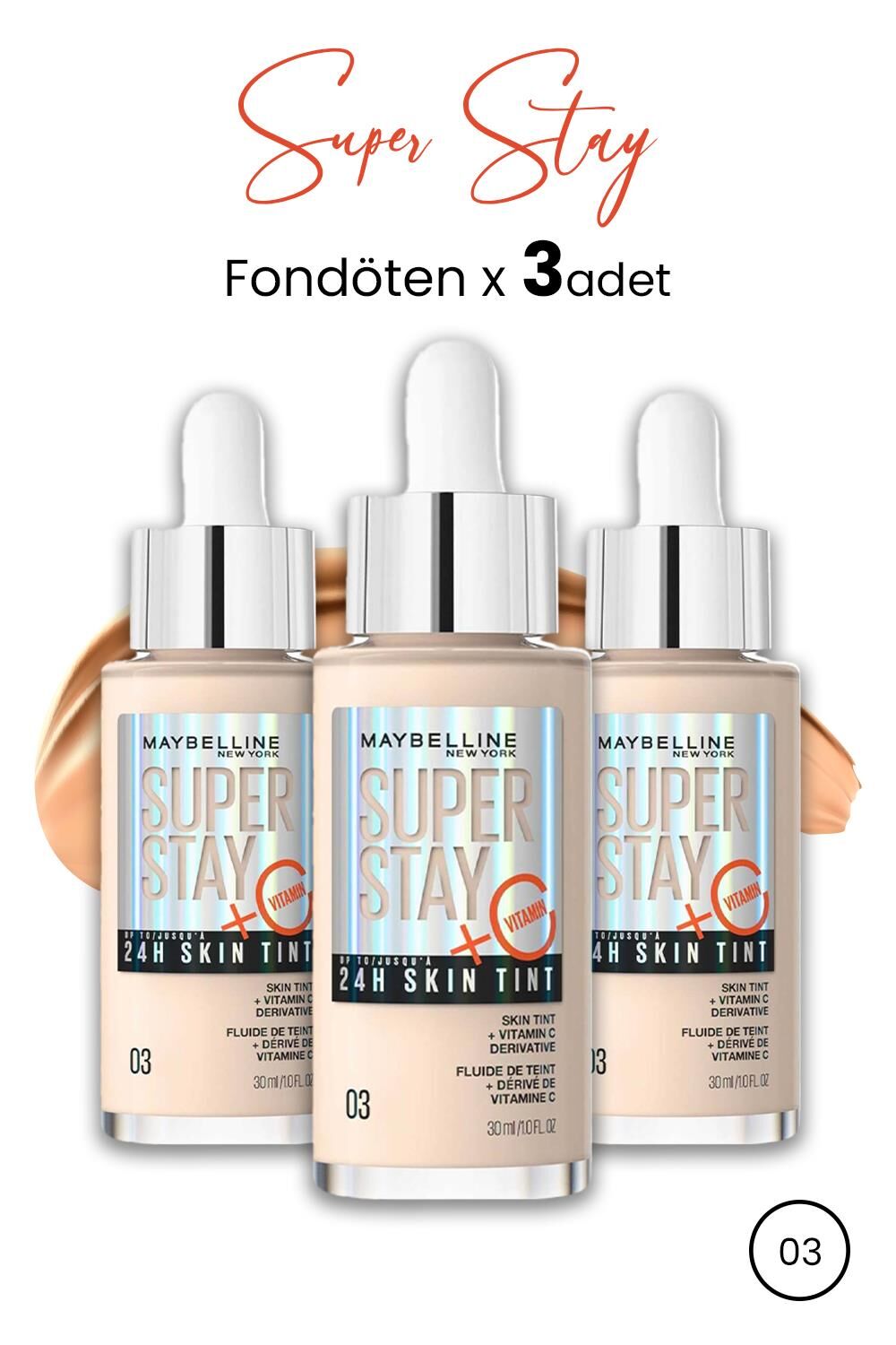 Maybelline Super Stay 24H Skin Tint Fondöten 03 30 ml  x 3 Adet