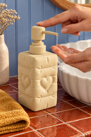 ROSIE Kum Beji Renk Kalp Dokulu Kare Seramik Sıvı Sabunluk 350 ml