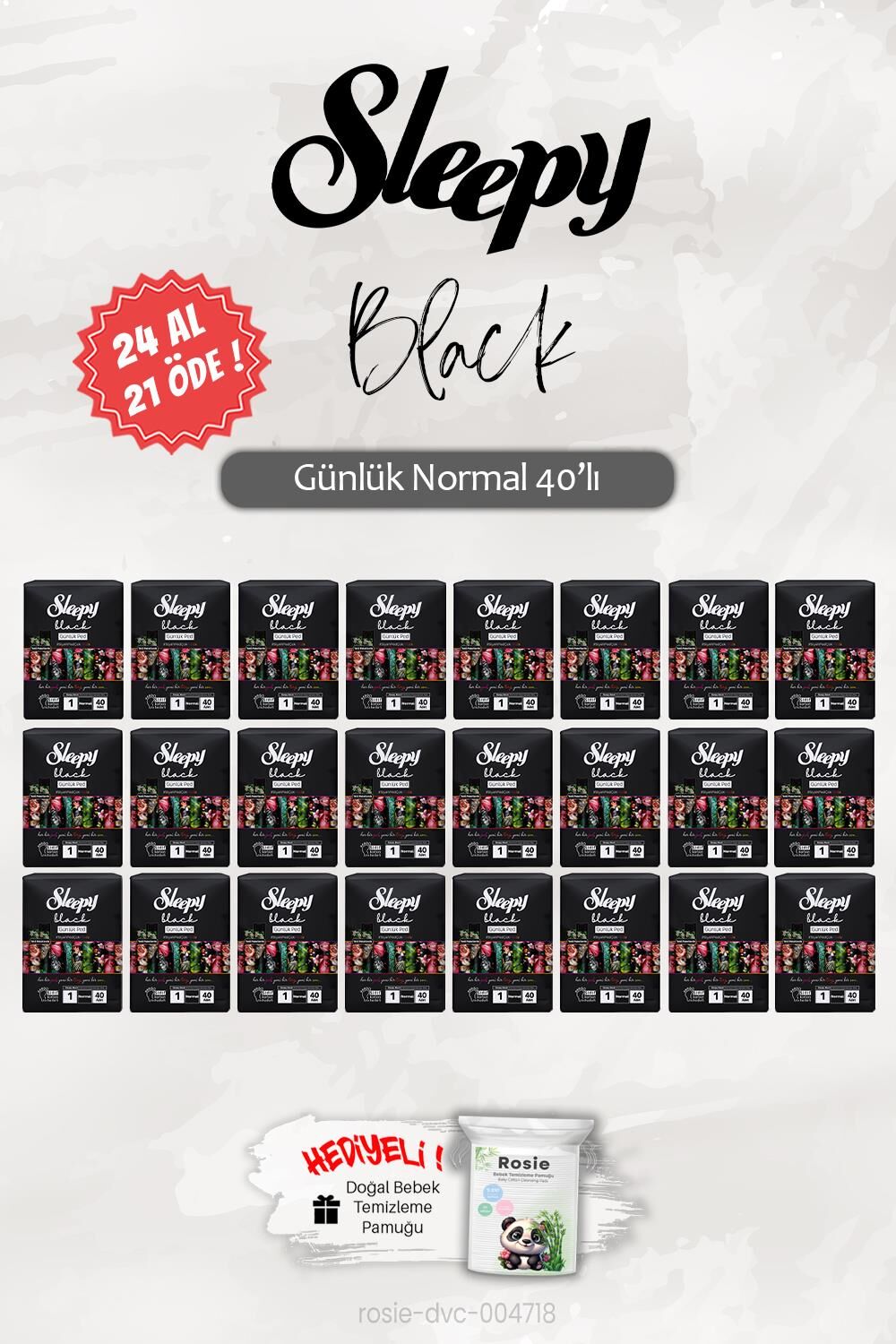 Sleepy 24 AL 21 ÖDE Normal 40'lı Black Günlük Ped, ROSIE Hediye