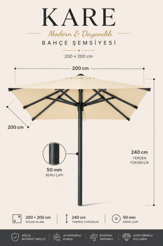 Alubrella Kare Krem 200x200 cm, 8 telli Güneş Şemsiyesi
