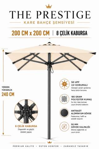 Alubrella Kare Krem 200x200 cm, 8 telli Güneş Şemsiyesi