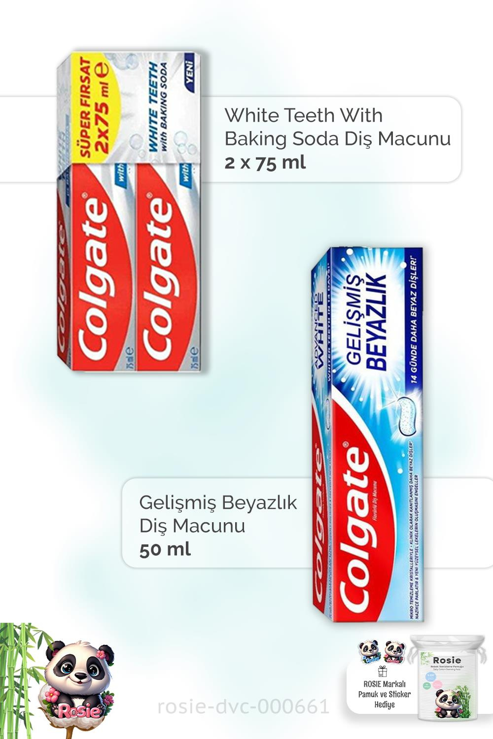 Colgate With Baking Soda 2 x 75 ml, Gelişmiş Beyazlık 50 ml Diş Macunu ve ROSIE