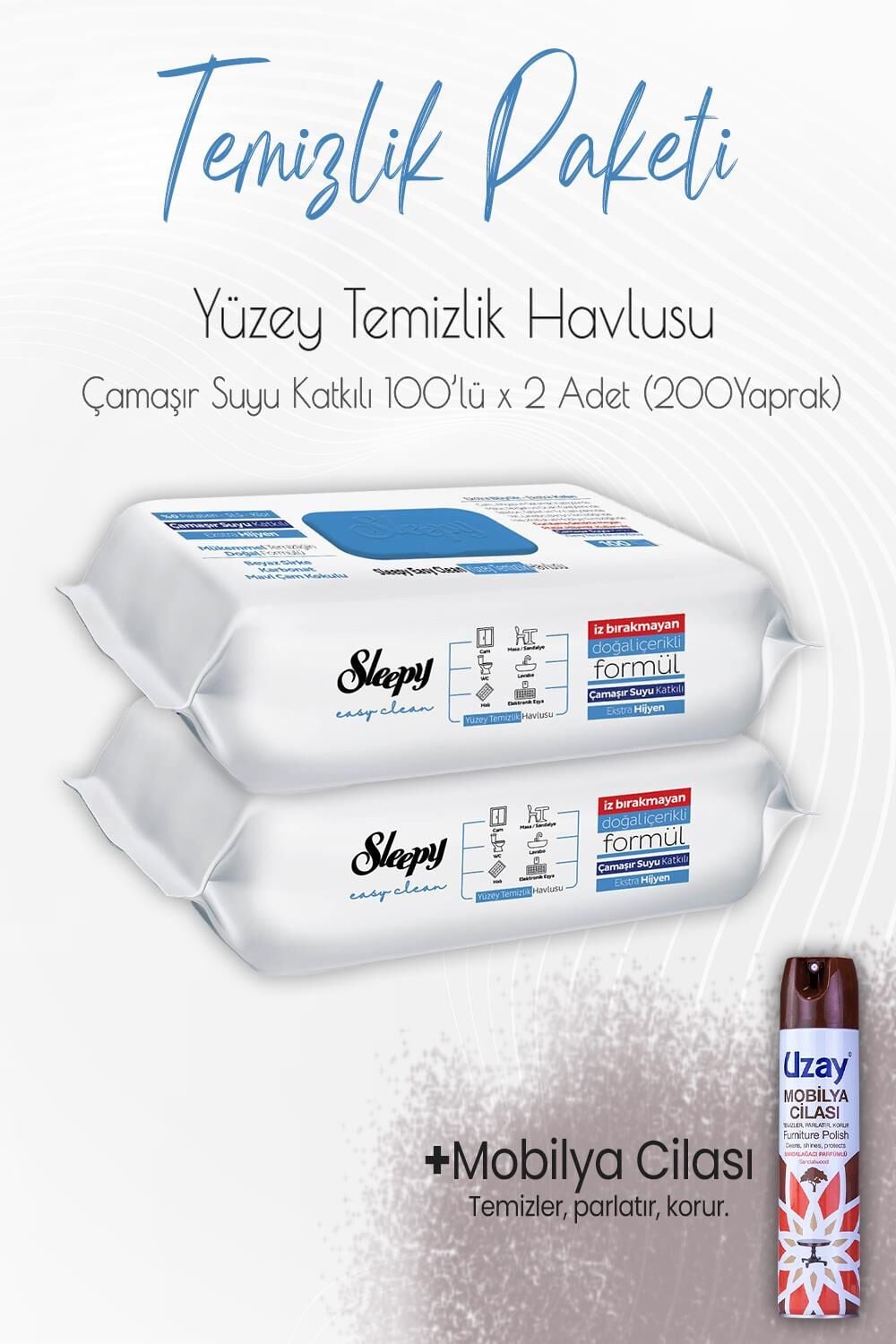Düvenci Temizlik Paketi 8 (Çamaşır Suyu Temizlik Havlusu 200 yaprak ve Mobilya Cilası)