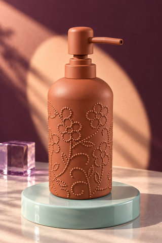 ROSIE Kiremit Çiçek Dokulu Yuvarlak Seramik Sıvı Sabunluk 350 ml