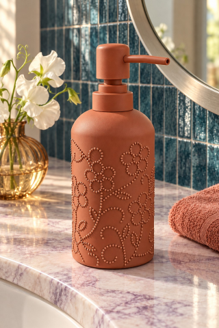 ROSIE Kiremit Çiçek Dokulu Yuvarlak Seramik Sıvı Sabunluk 350 ml