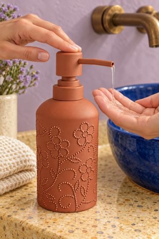 ROSIE Kiremit Çiçek Dokulu Yuvarlak Seramik Sıvı Sabunluk 350 ml