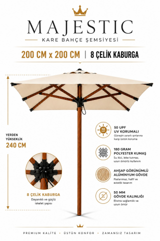Alubrella Kare Ahşap İskelet Krem Kumaş 200x200 cm, 8 telli Güneş Şemsiyesi
