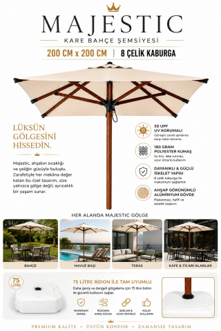 Alubrella Kare Ahşap İskelet Krem Kumaş 200x200 cm, 8 telli Güneş Şemsiyesi