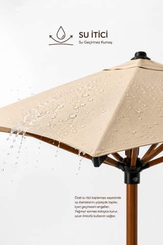 Alubrella Kare Ahşap İskelet Krem Kumaş 200x200 cm, 8 telli Güneş Şemsiyesi