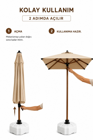 Alubrella Kare Ahşap İskelet Krem Kumaş 200x200 cm, 8 telli Güneş Şemsiyesi