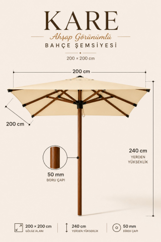 Alubrella Kare Ahşap İskelet Krem Kumaş 200x200 cm, 8 telli Güneş Şemsiyesi