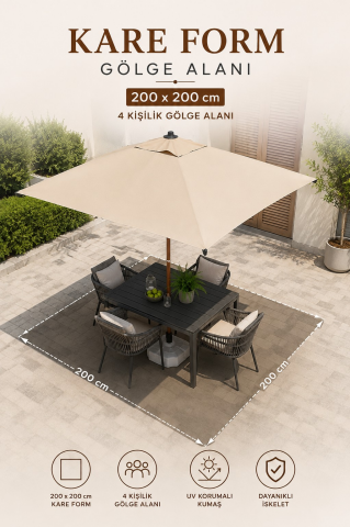 Alubrella Kare Ahşap İskelet Krem Kumaş 200x200 cm, 8 telli Güneş Şemsiyesi