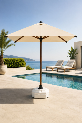 Alubrella Kare Ahşap İskelet Krem Kumaş 200x200 cm, 8 telli Güneş Şemsiyesi
