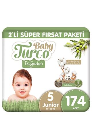 Baby Turco Doğadan 2'li Süper Fırsat Paketi Bebek Bezi 5 Numara Junior 174 Adet