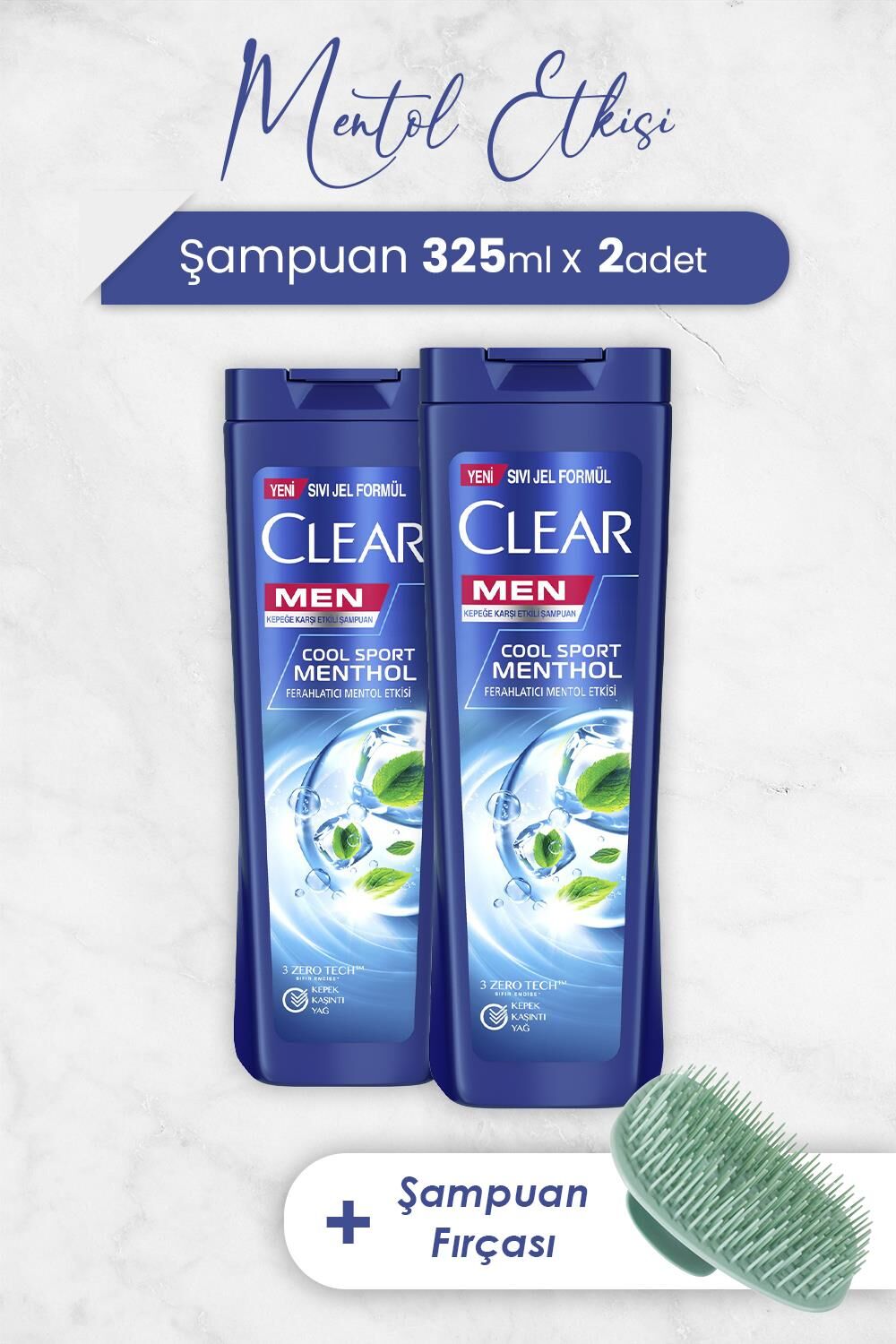 Clear Men Ferahlatıcı Mentol Etkisi 325 ml x 2 Adet ve Şampuan Fırçası