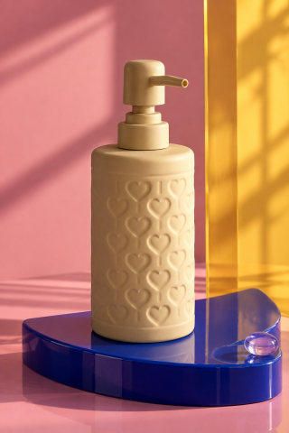 ROSIE Kum Beji Kabartma Kalp Desenli Yuvarlak Seramik Sıvı Sabunluk 350 ml