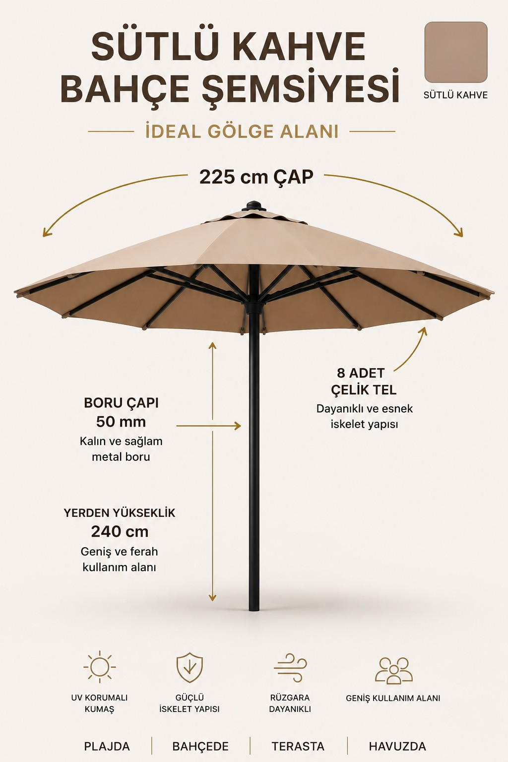 Alubrella Sütlü Kahve 225 cm Çap, 8 telli Güneş Şemsiyesi