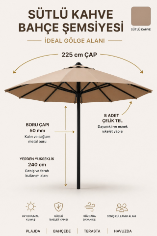 Alubrella Sütlü Kahve 225 cm Çap, 8 telli Güneş Şemsiyesi
