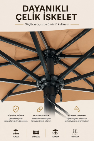 Alubrella Sütlü Kahve 225 cm Çap, 8 telli Güneş Şemsiyesi