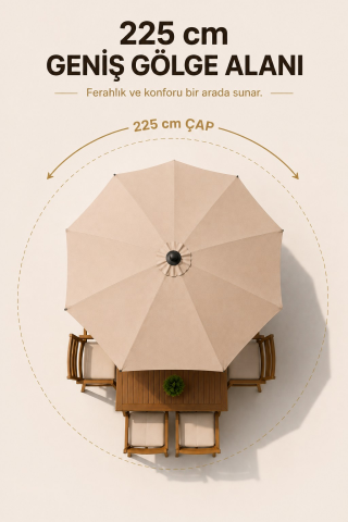 Alubrella Sütlü Kahve 225 cm Çap, 8 telli Güneş Şemsiyesi