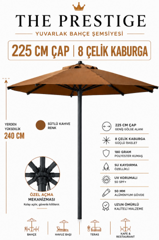 Alubrella Sütlü Kahve 225 cm Çap, 8 telli Güneş Şemsiyesi