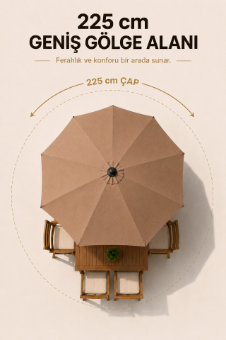 Alubrella Sütlü Kahve 225 cm Çap, 8 telli Güneş Şemsiyesi