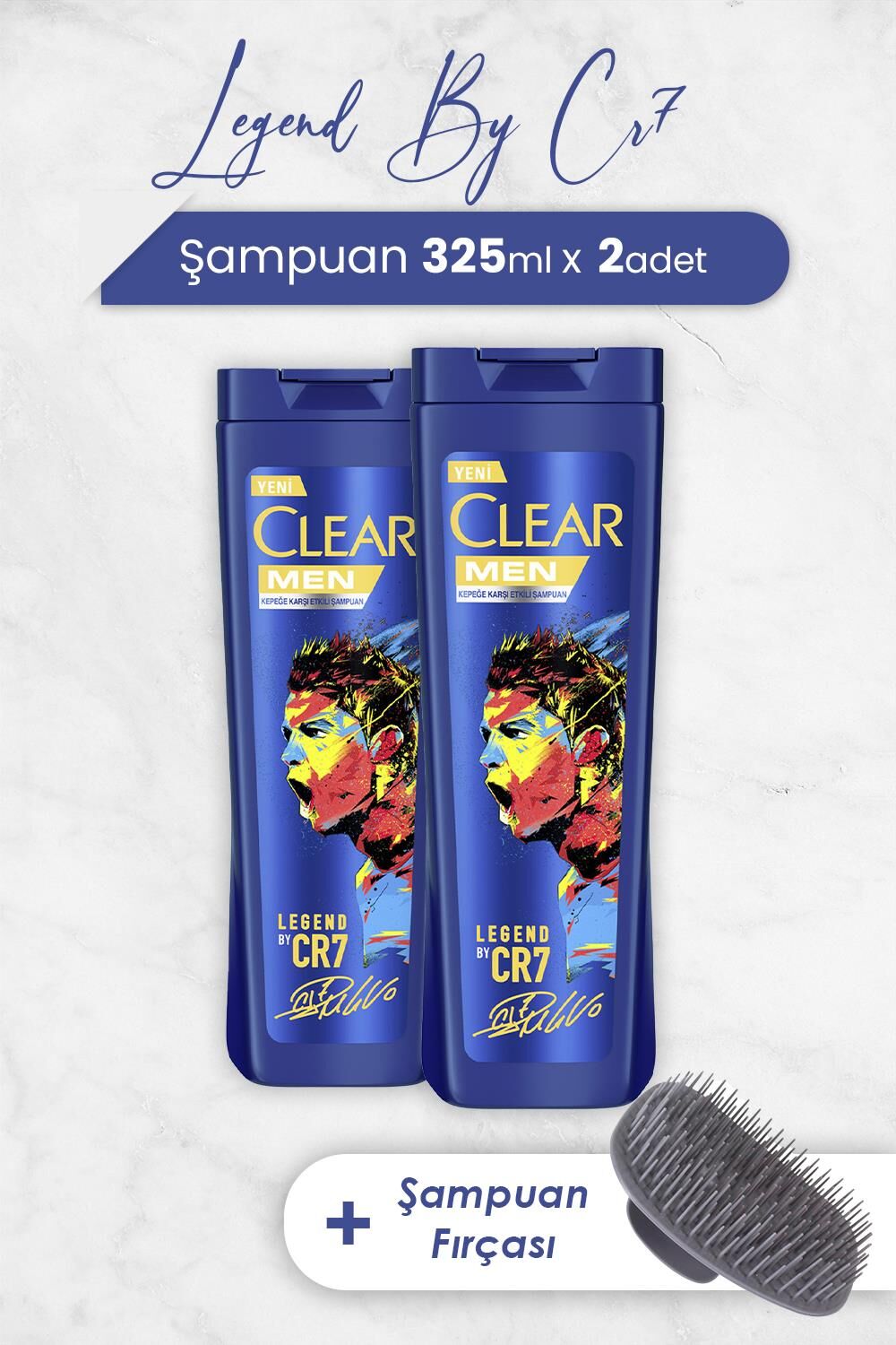 Clear Men Şampuan Legend By Cr7 Cristiano Ronaldo 325 ml x 2 Adet ve Şampuan Fırçası