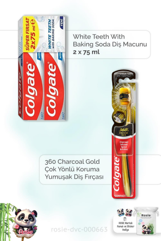 Colgate With Baking Soda 2 x 75 ml Diş Macunu, 360 Charcoal Gold Diş Fırçası ve ROSIE