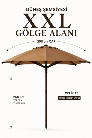 Alubrella Yuvarlak Sütlü Kahve 250 cm Çap, 8 telli Güneş Şemsiyesi Kahverengi İskelet
