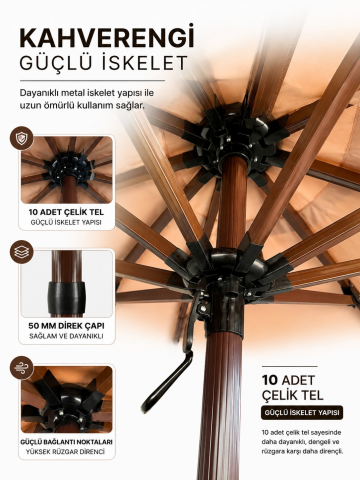 Alubrella Yuvarlak Sütlü Kahve 250 cm Çap, 8 telli Güneş Şemsiyesi Kahverengi İskelet