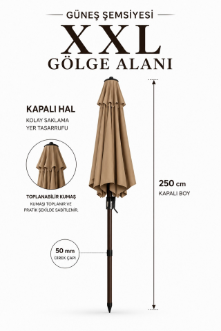 Alubrella Yuvarlak Sütlü Kahve 250 cm Çap, 8 telli Güneş Şemsiyesi Kahverengi İskelet