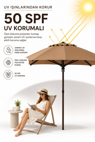 Alubrella Yuvarlak Sütlü Kahve 250 cm Çap, 8 telli Güneş Şemsiyesi Kahverengi İskelet