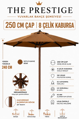 Alubrella Yuvarlak Sütlü Kahve 250 cm Çap, 8 telli Güneş Şemsiyesi Kahverengi İskelet