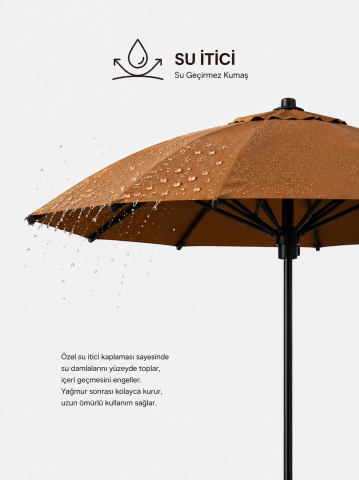 Alubrella Yuvarlak Sütlü Kahve 250 cm Çap, 8 telli Güneş Şemsiyesi Kahverengi İskelet