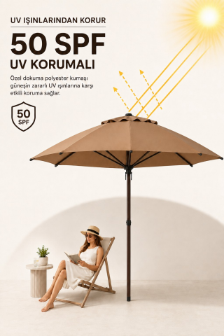 Alubrella Yuvarlak Sütlü Kahve 250 cm Çap, 8 telli Güneş Şemsiyesi Kahverengi İskelet