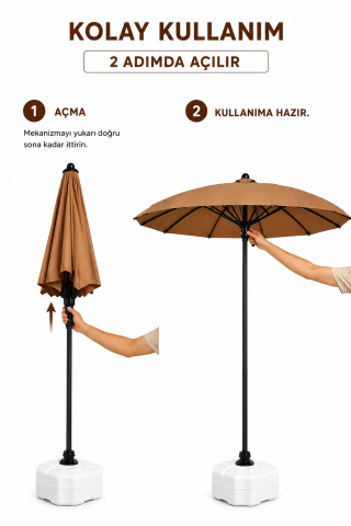 Alubrella Yuvarlak Sütlü Kahve 250 cm Çap, 8 telli Güneş Şemsiyesi Kahverengi İskelet