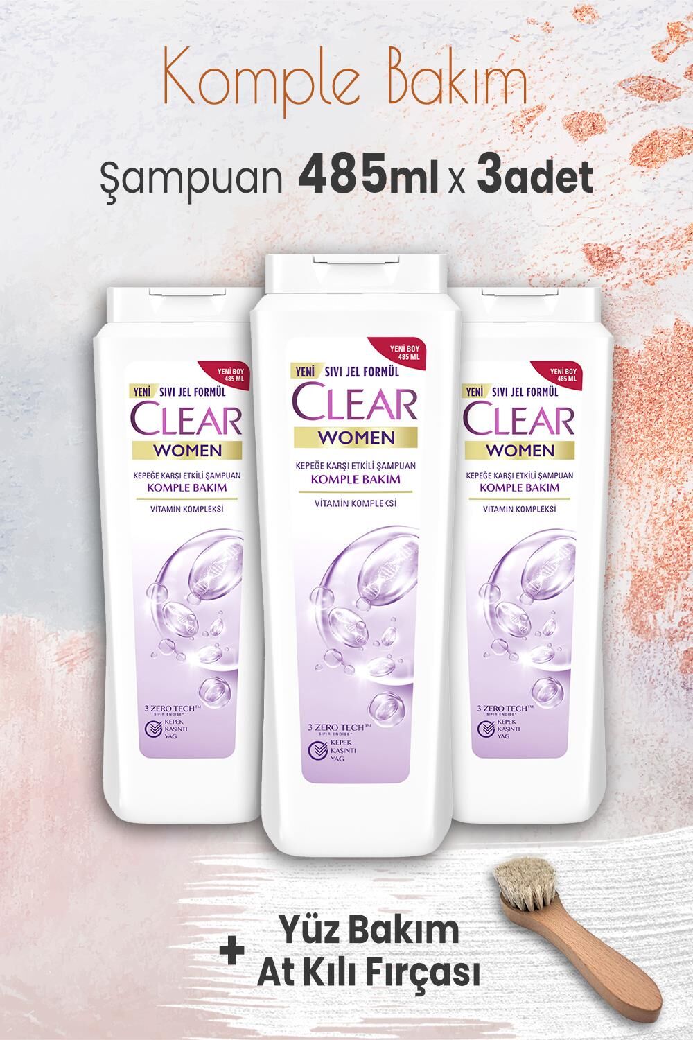 Clear Women Komple Bakım Şampuan 485 ml x 3 Adet ve Yüz Bakım At Kılı Fırçası