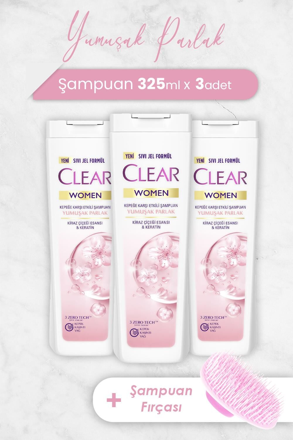 Clear Women Yumuşak Parlak Şampuan 325 ml x 3 Adet ve Şampuan Fırçası