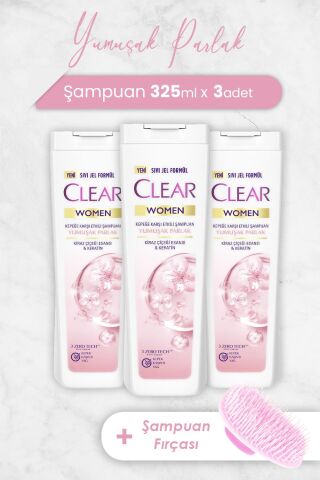 Clear Women Yumuşak Parlak Şampuan 325 ml x 3 Adet ve Şampuan Fırçası